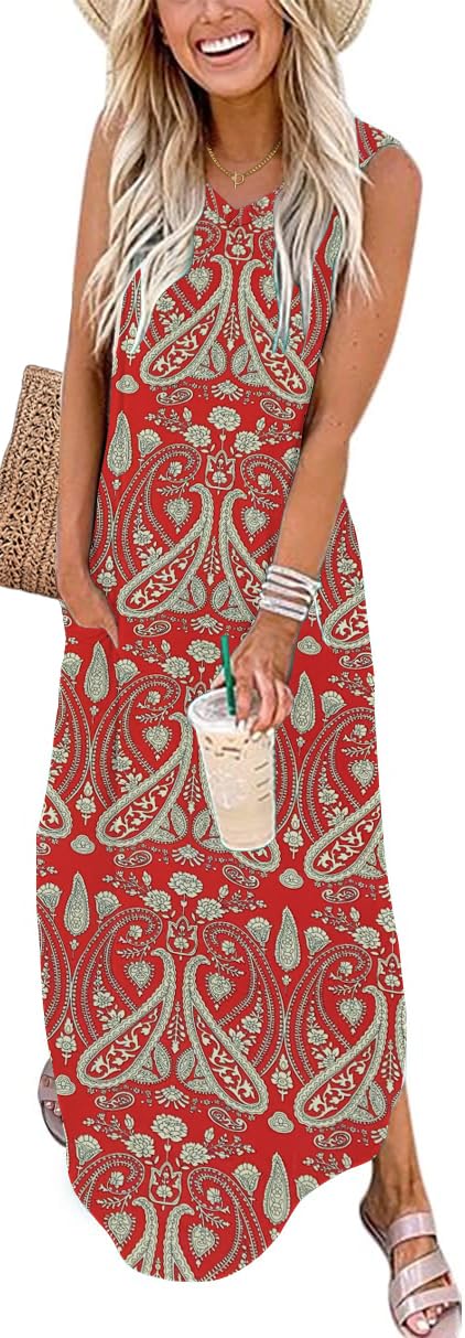 WNEEDU Vestido Verano Largo Mujer Vestidos Playa Sin Mangas Casual Cuello V con Bolsillos