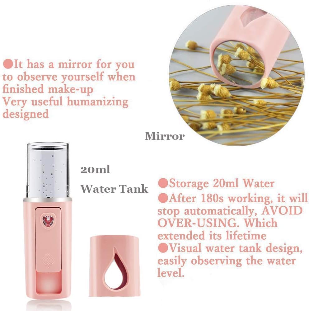 Image of Nano Facial Mister Portable Mist Sprayer for Hydrating Face, Makeup, Eyelash Extensions & Skin care Mini Cool Mist Beauty Device (Pink).