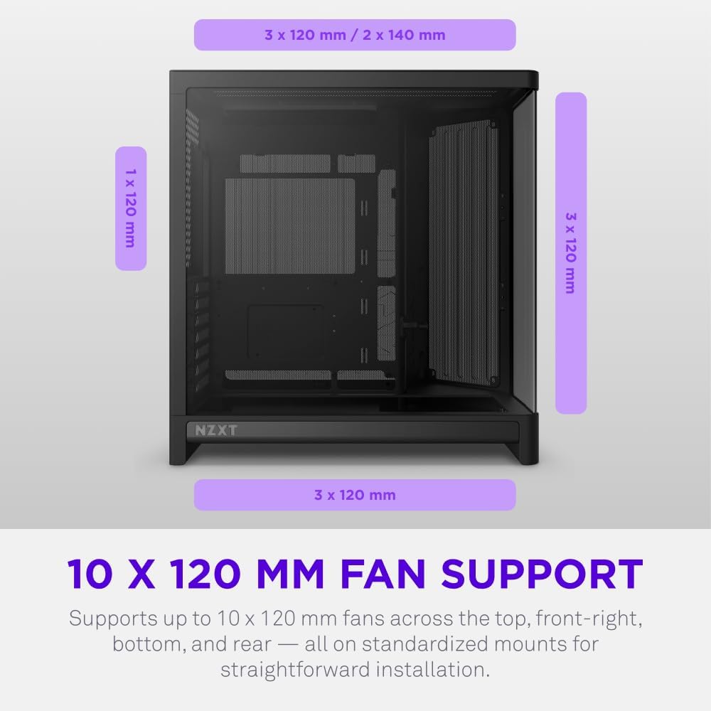 NZXT H6 Compact Dual-Chamber ATX PC Case - 10x 120mm Fan Support - 360mm Radiator - Back-Connect Motherboard Ready - Seamless Curved Tempered Glass - Black