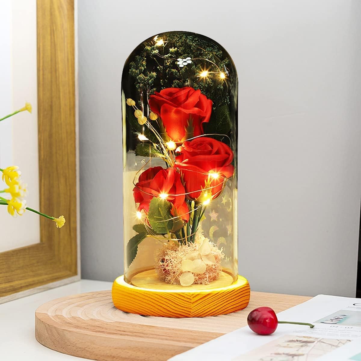 ローズフラワーランプ、永遠のバラ、永遠のバラのプリザーブドフラワー、永遠の花、女性へのギフト、魅惑的な造花ライト、木製のガラスドーム