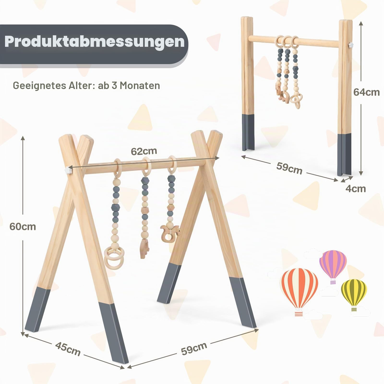 DREAMADE Spieltrapez aus Holz, Motorikspielzeug für Babys, Spielbogen mit 3 Spielzeugringe & 2 Kleinen Tiermodellen, Aktivitätszentrum mit Dreieckigen Struktur, für Kinderzimmer (Grau)