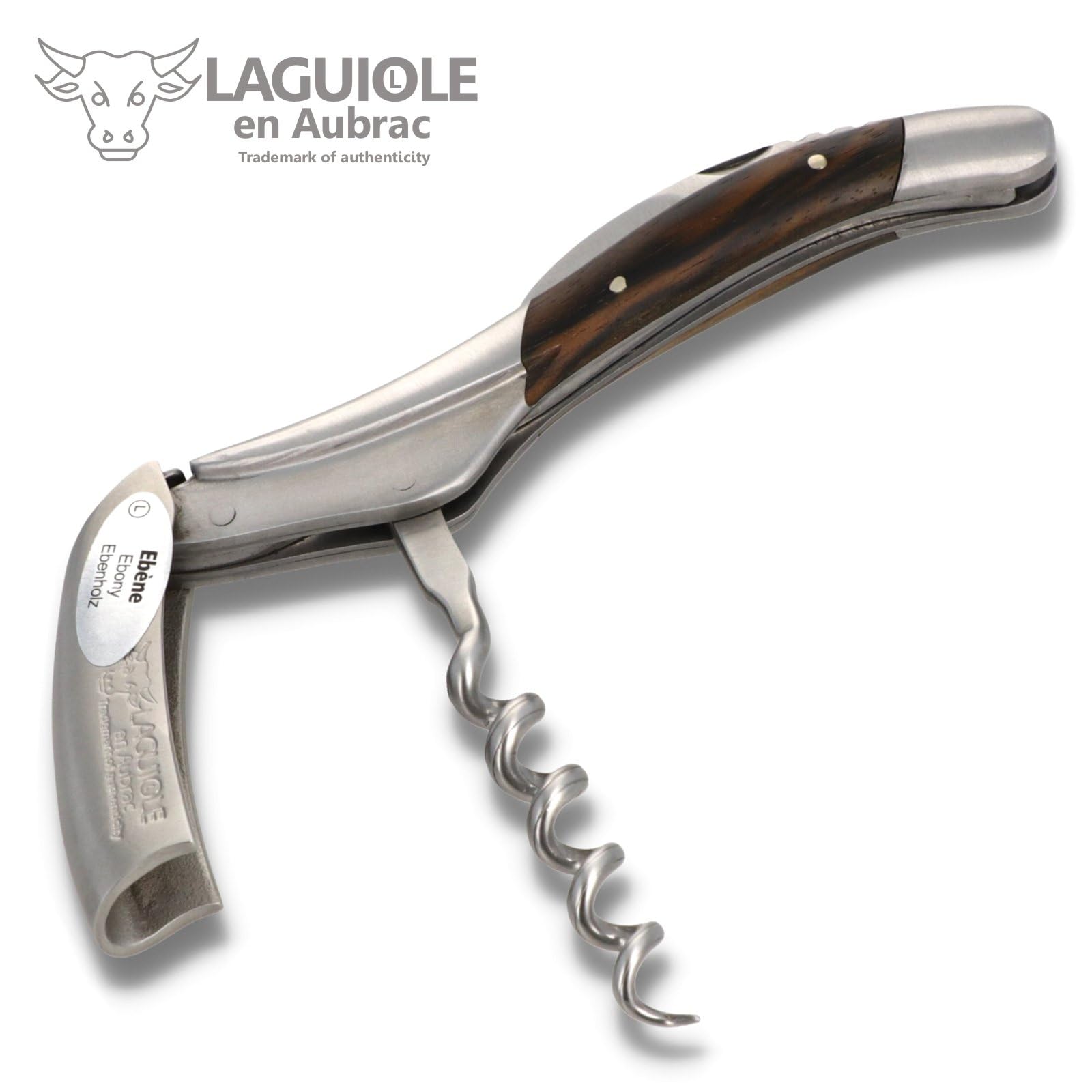 Laguiole en Aubrac Kellnermesser - Makassar Ebenholz - Edelstahl matt - Weinöffner Sommelierbesteck Korkenzieher Frankreich