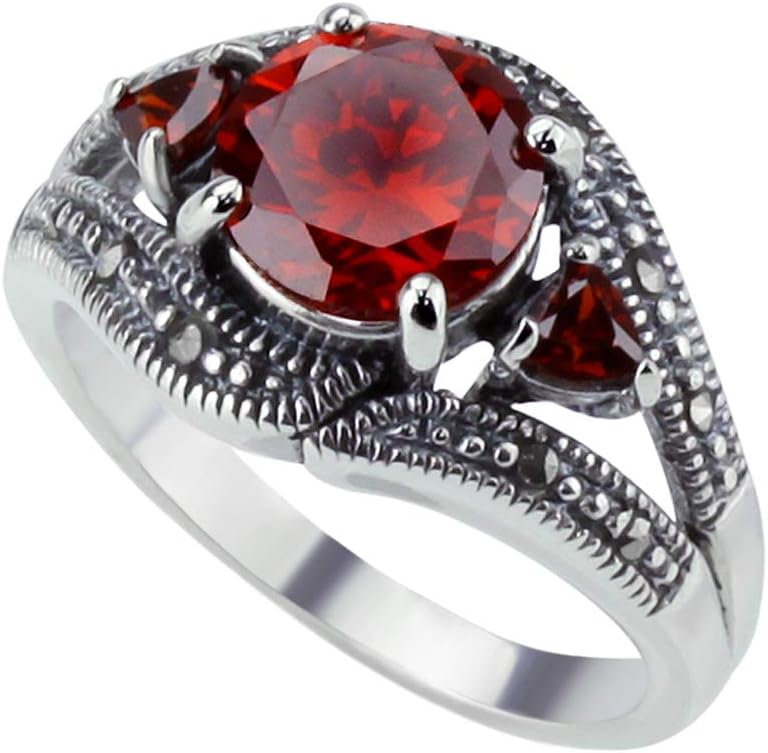 DoubleAccent Sterling Silver Rhodium Plated, Wedding Ring Round Dark Red CZ with Marcasite Stone Engagement Ring