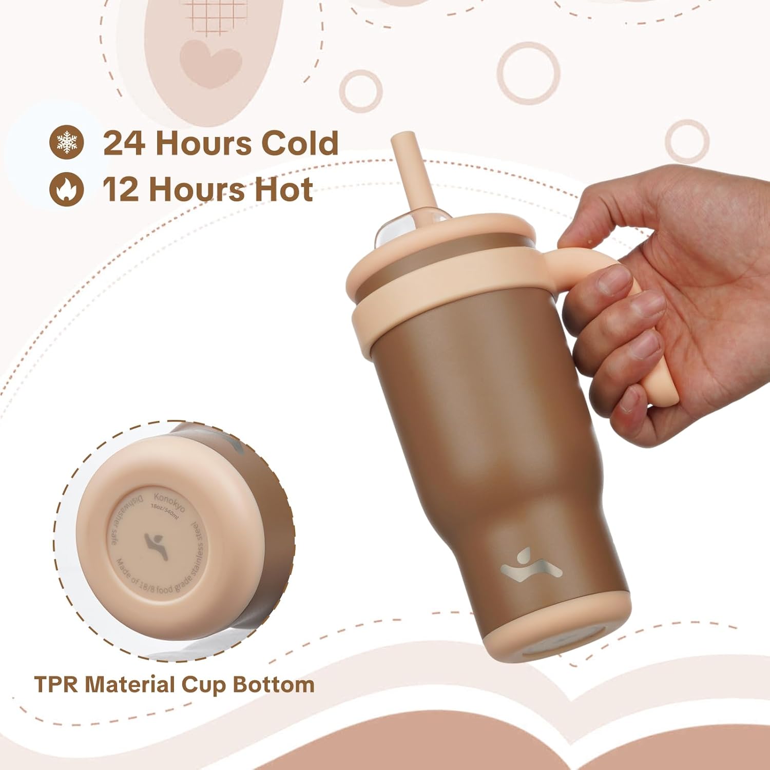 18 oz Tumbler with Side Handle, Insulated Water Bottle with Straw and 2 in 1 Lid, Stainless Steel Cup Travel Coffee Mug for Sports Office Gym,Brown - Image 4