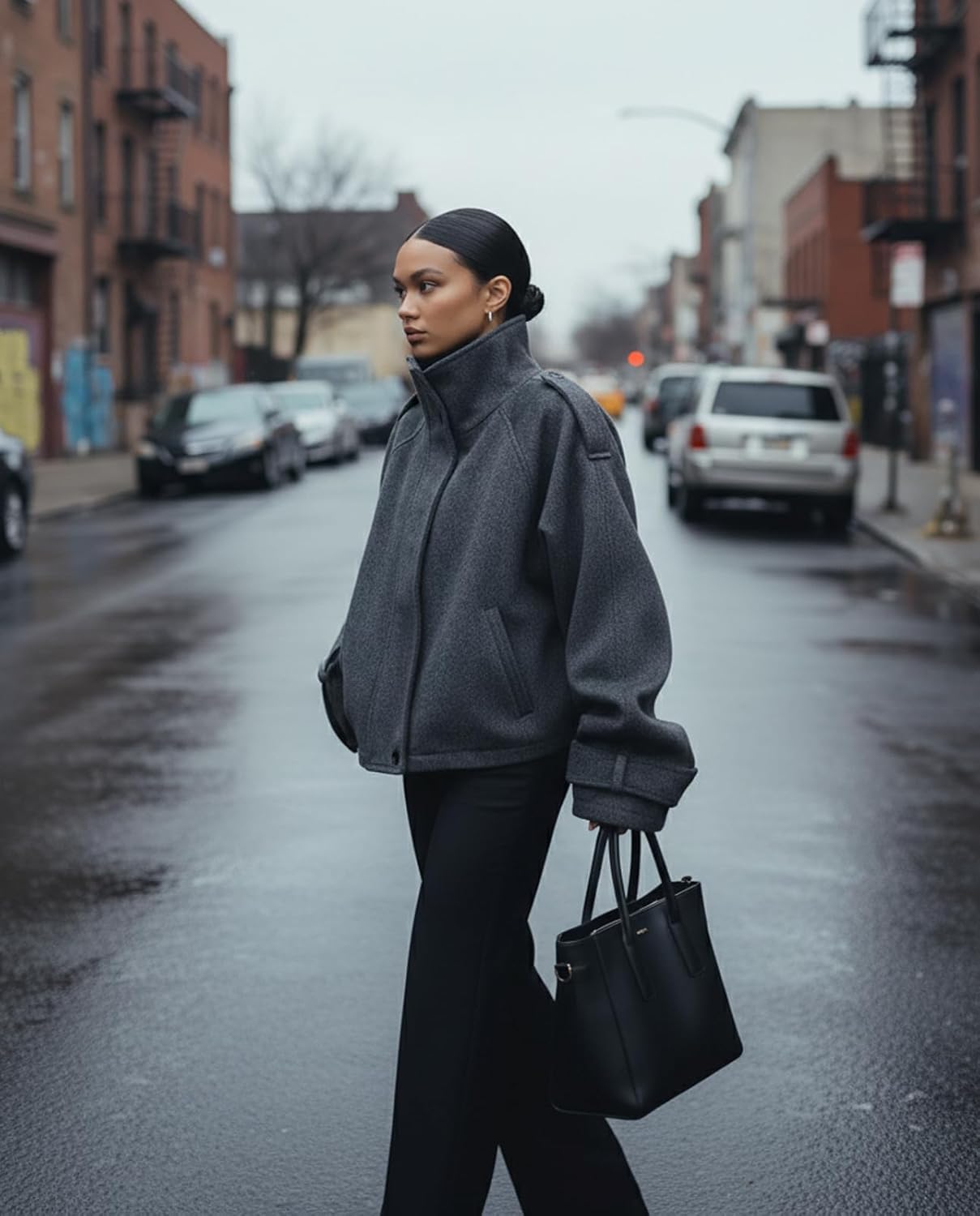 Women Cropped Trench Coat Zip Up Funnel Neck Short Jacket Oversized Wool Coats Fall Winter Casual Outfits 2025 - Image 5