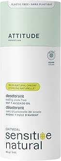 ATTITUDE Natural Baking Soda & Plastic Free Deodorant for Sensitive Skin, Cardboard Tube, Hypoallergenic, Avocado Oil & Soothing Oatmeal, 3 Oz