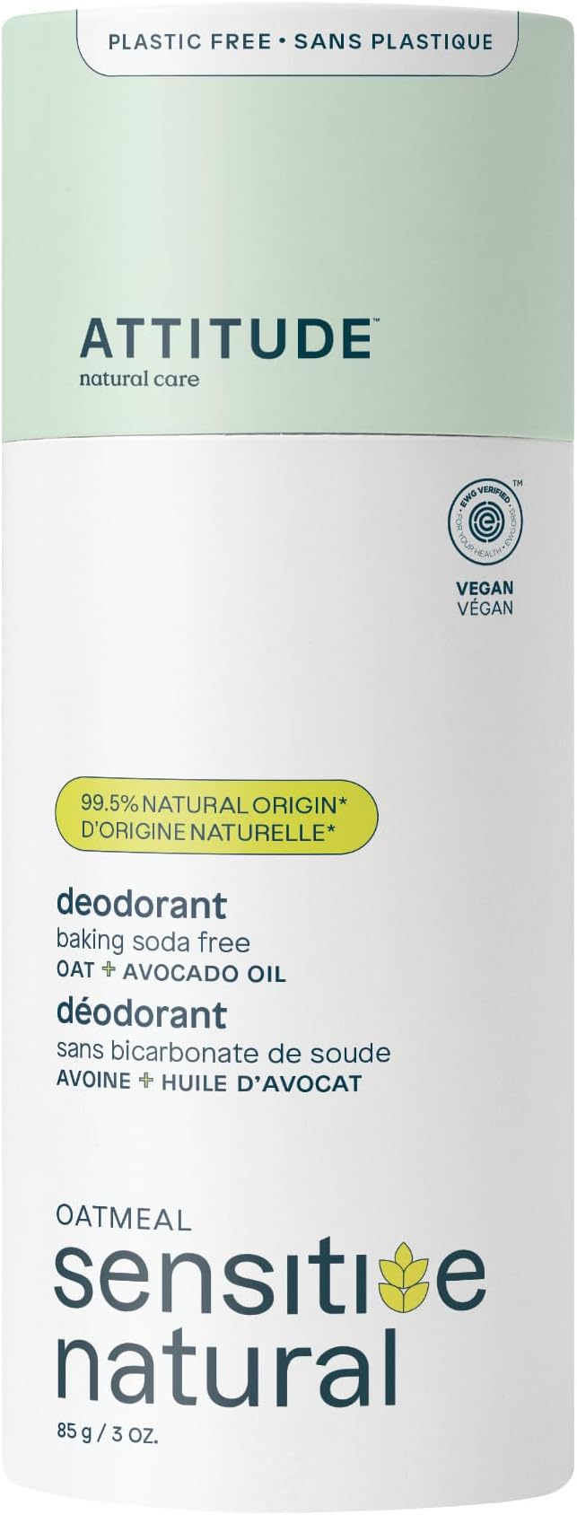 Baking Soda Free Deodorant for Sensitive Skin with Oatmeal and Avocado Oil, EWG Verified, Aluminum Free, Plastic-Free, 3 Ounces
