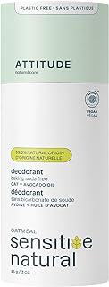 ATTITUDE Baking Soda Free Deodorant for Sensitive Skin with Oatmeal and Avocado Oil, EWG Verified, Aluminum Free, Plastic-Free, 85 Grams