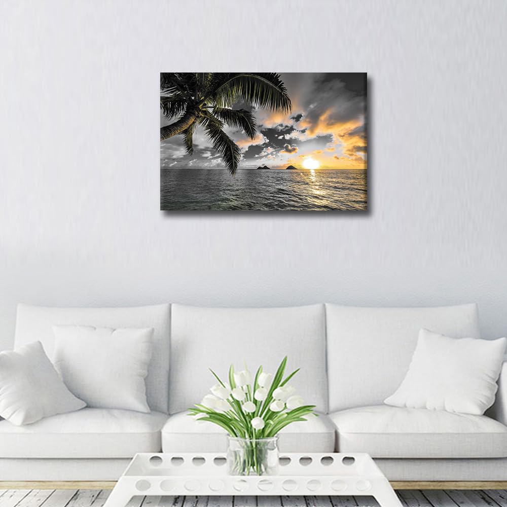 TISHIRON Black and White Canvas Wall Art White Cloud Beach Coconut Trees Prints Painting Stretched and Framed Paintings Ready to Hang for Home Decorations Office Wall Decor 24X16inch - Image 3