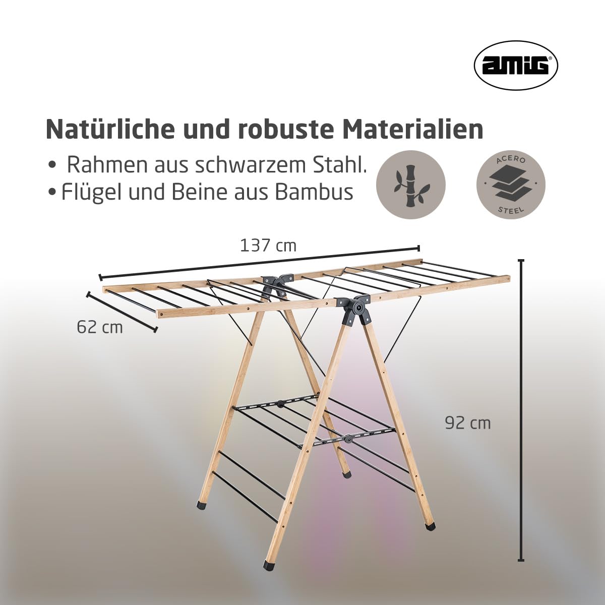 Amig - Klappbarer Wäscheständer mit Flügeln Mod. Aeria NaturDry - Epoxidstahl und Bambus - Wäschetrockner - Einfaches Auf- und Zusammenklappen - 13m Trockenfläche - 137x62x92 cm - Farbe Schwarz/Bambu