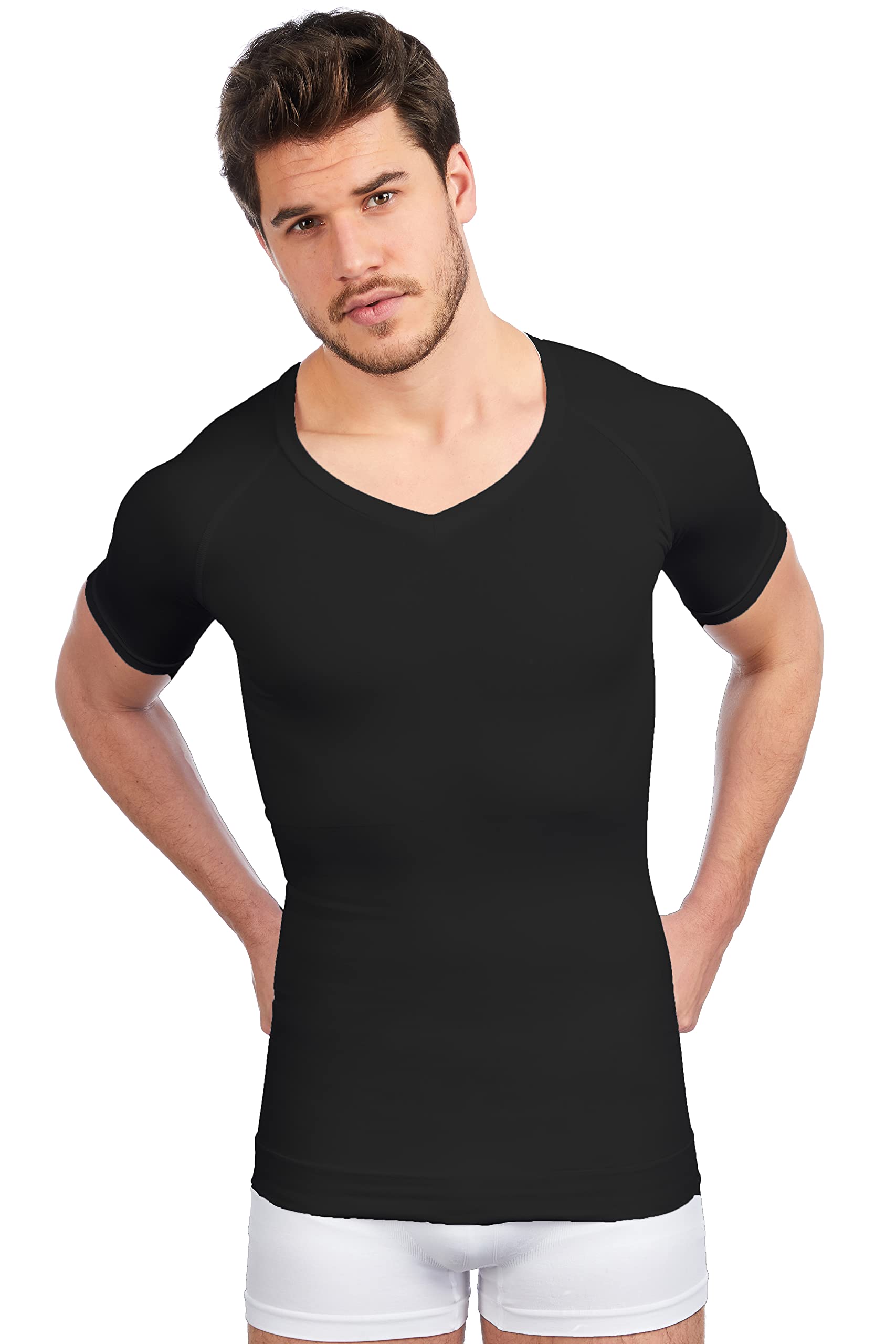 UnsichtBra Shapewear V - Ausschnitt Kurzarm Unterhemd Herren | Body Shaper Funktionsshirt Herren | Bauchweg Kompressionsshirt Unterziehshirt Weiss
