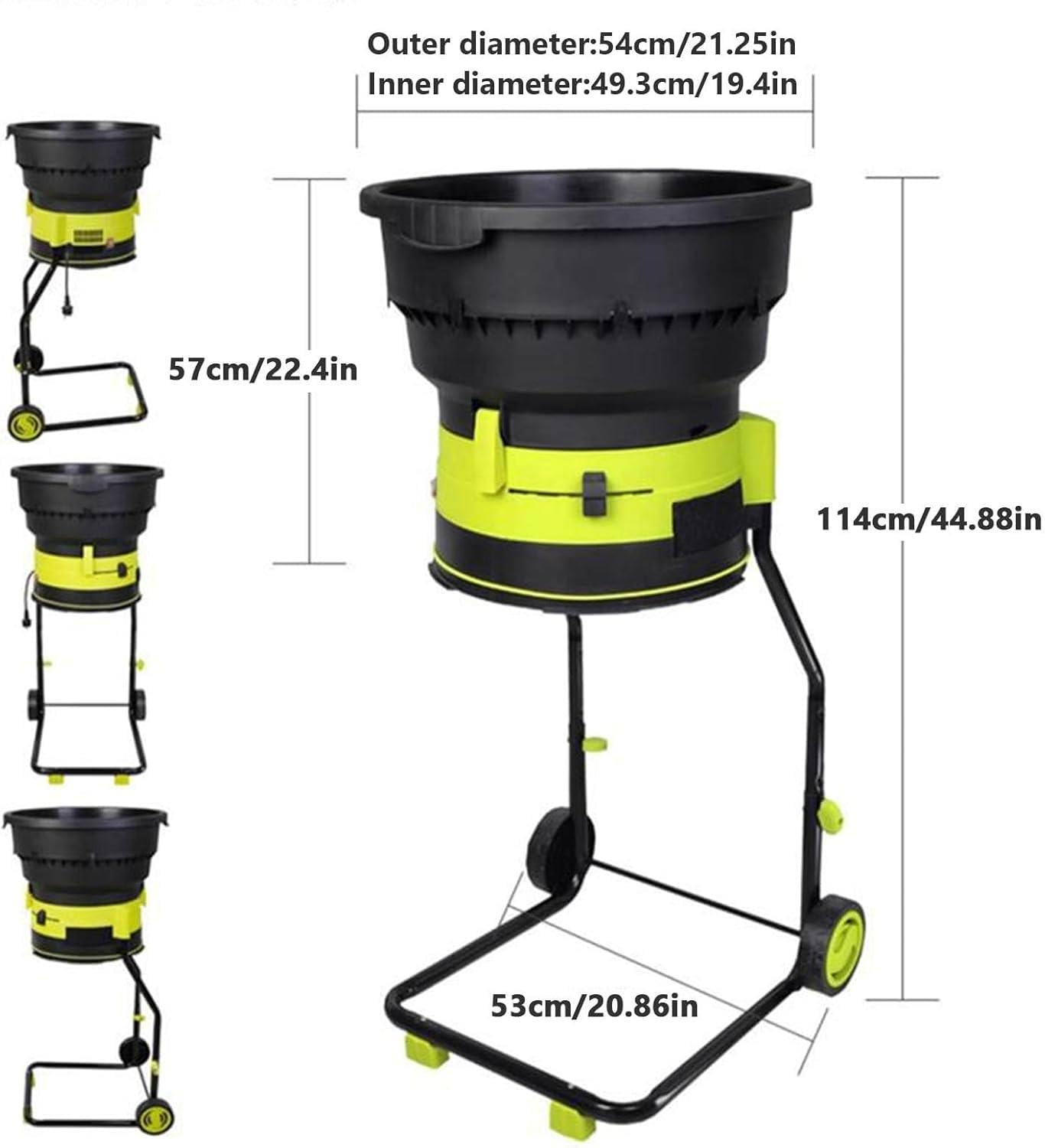 Trituradora eléctrica de hojas, trituradora de jardín portátil sin cuchillas con ruedas, 8000 rpm, incluye bolsa de recolección, diámetro de embudo de 54 cm para un uso fácil
