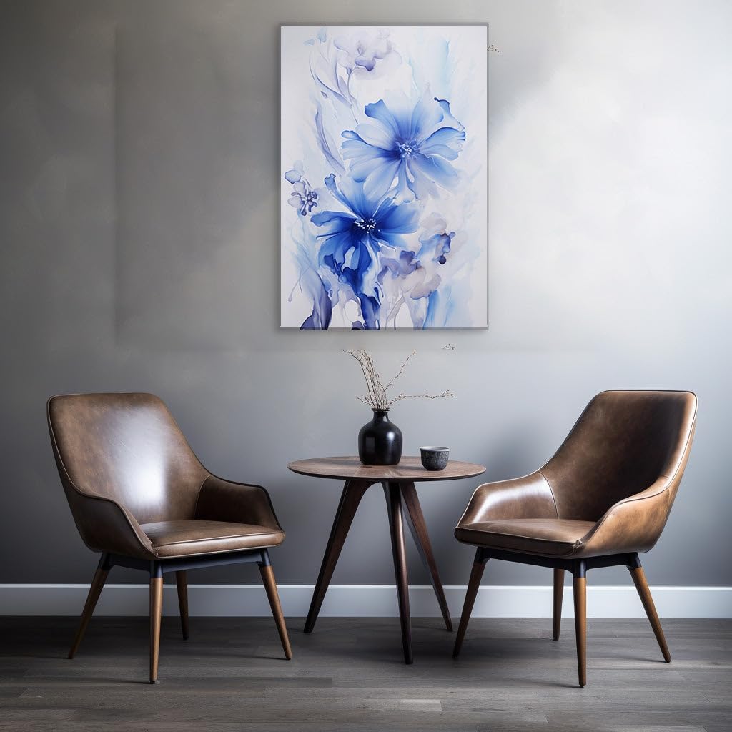 Canvas for Living Room. Whispers of Blue: A Serene Floral Masterpiece, 27 x 18 inch Canvas Wall Art - Contemporary Masterpieces - Botanical Home Decor