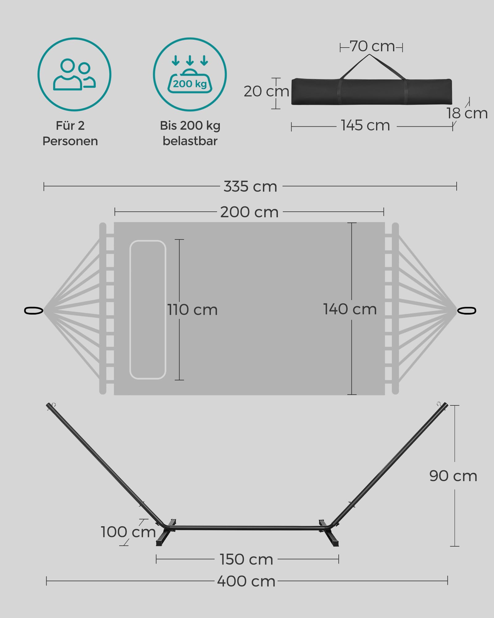 SONGMICS Hängematte mit Gestell, Hängemattengestell aus Metall, Doppelhaltestange, mit Kissen, bis 200 kg belastbar, Garten, schwarzes Gestell und graue Hängematte GHS002G01