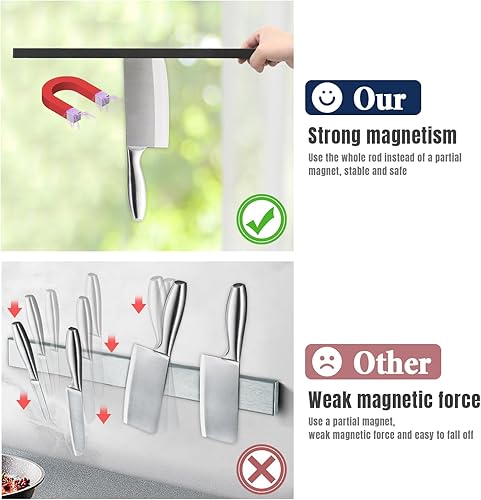 Miniatura 3 de Dmore Soporte magnético para cuchillos para pared, con 4 ganchos, tira magnética negra de 23 pulgadas para cuchillos sin perforación, potente