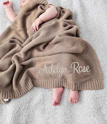 Image of LOVELYPOD Custom Knit Baby Blanket, Personalized Embroidered with Name Nursery Blanket, Newborn, Cotton Knit Stroller Blankets, Birthday Shower Gifts