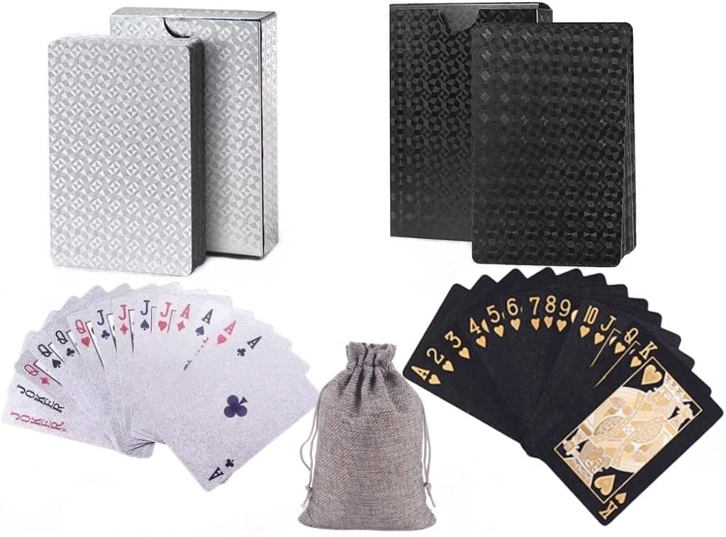 jcoral 2 Pack Diamond Playing Cards Black Silver Poker Cards Waterproof Plastic Black and Silver Foil Playing Cards Highly Flexible,2 Decks of Cards