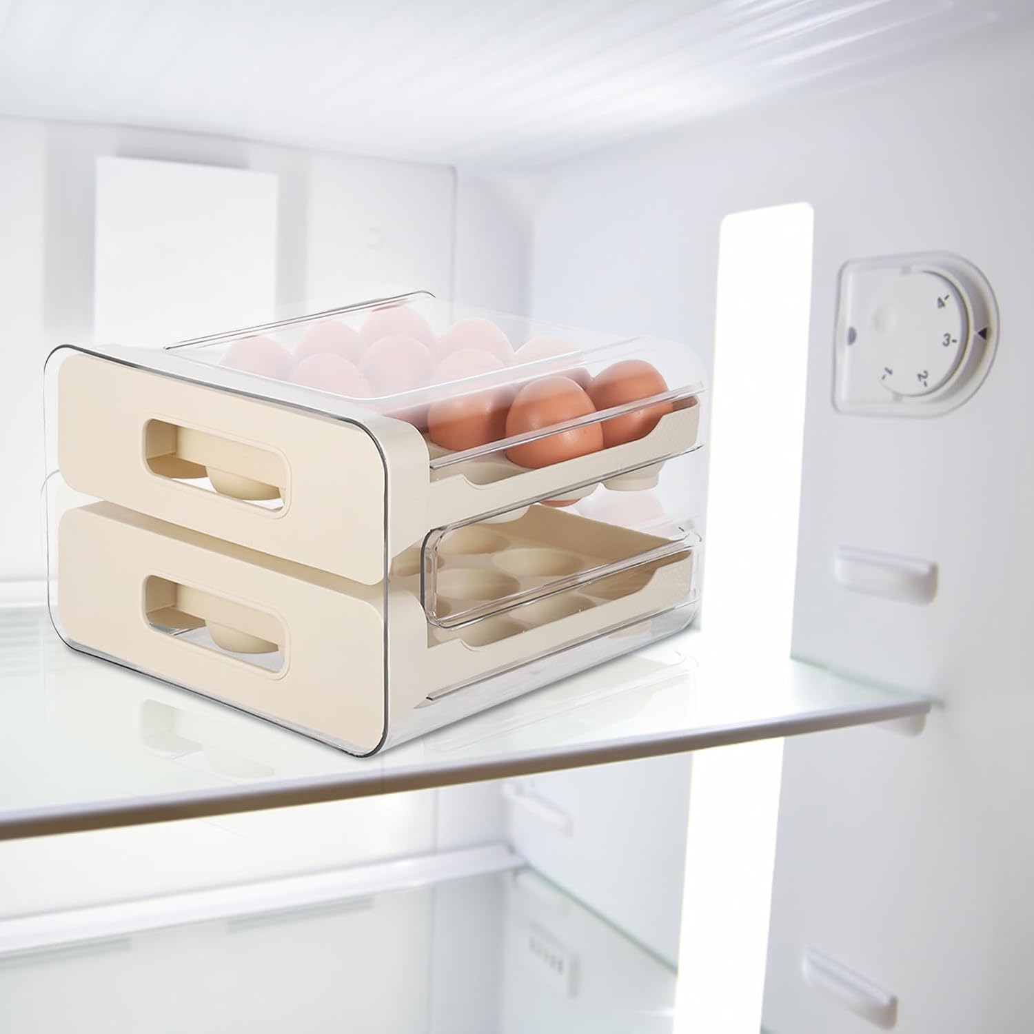 Stackable Egg Holder: 32-Grid Refrigerator Plastic Drawer Type Storage Box - Transparent Organizer for Fridge Shelf - Fresh Egg Storage Tray