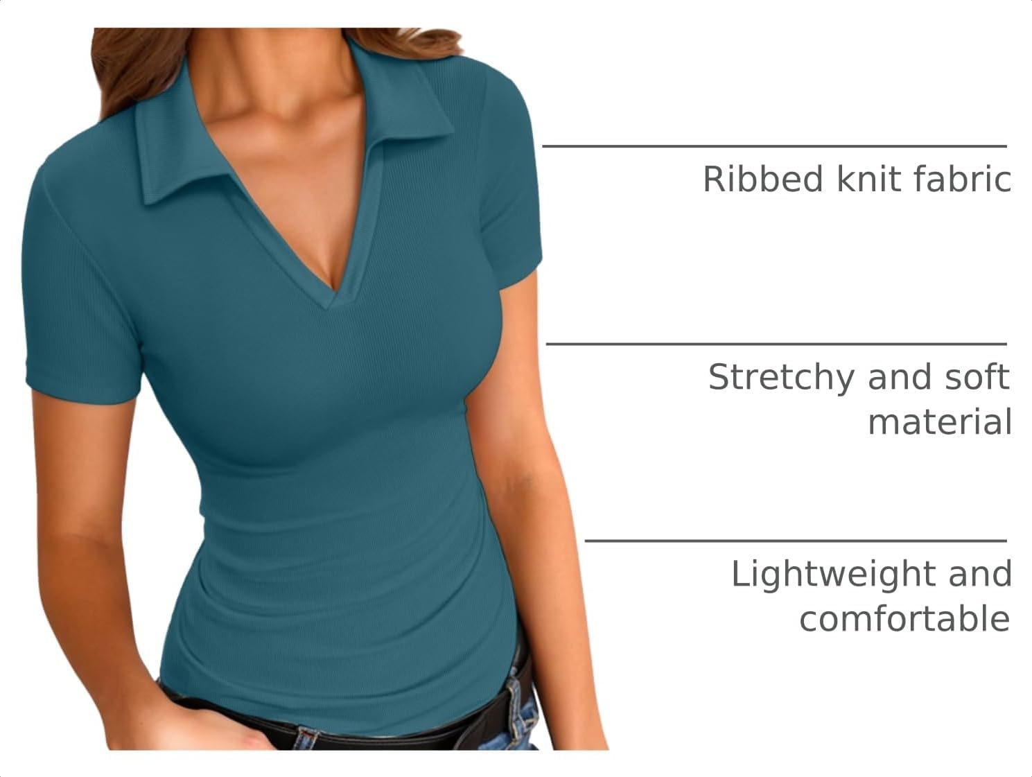 VICHYIE Women Lapel Collared V Neck Fitted Ribbed Polo Tops