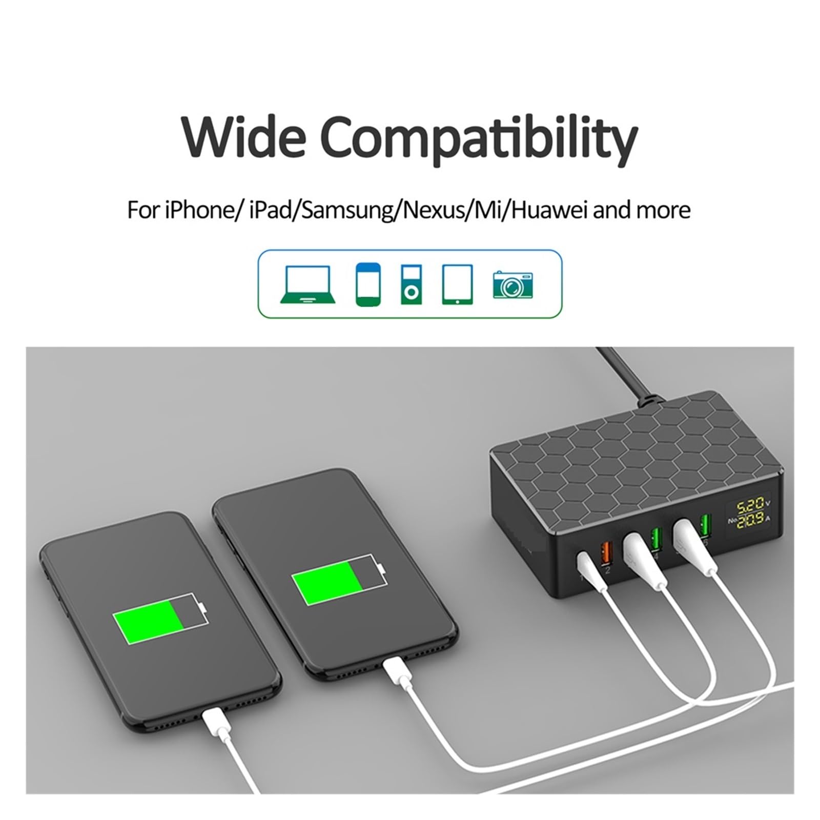 Cargador USB 65W 12A QC3.0 con Pantalla LCD, Cargador De Teléfono Móvil De Escritorio De 6 Puertos, Carga Rápida Inteligente For Teléfonos Inteligentes Cargador Rápido