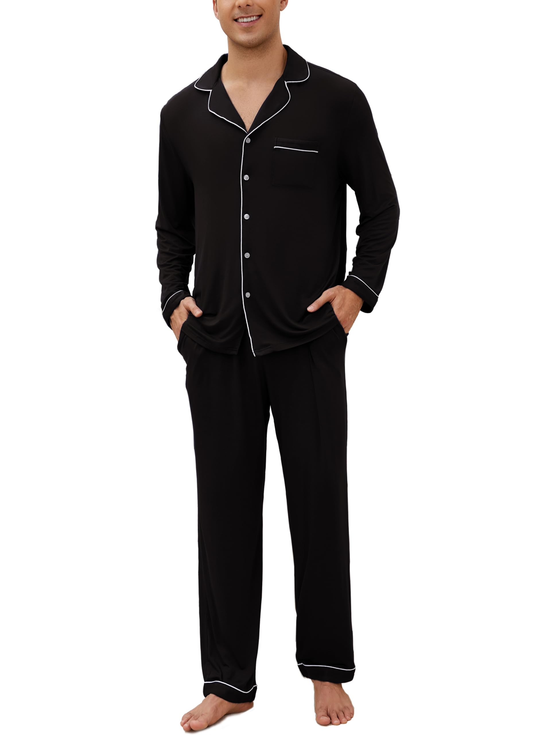 Veseacky Mens Pajamas Set Long Sleeve Soft Pajamas for Men Button Down Sleepwear Pjs Lounge Sets with Pockets S-2XL