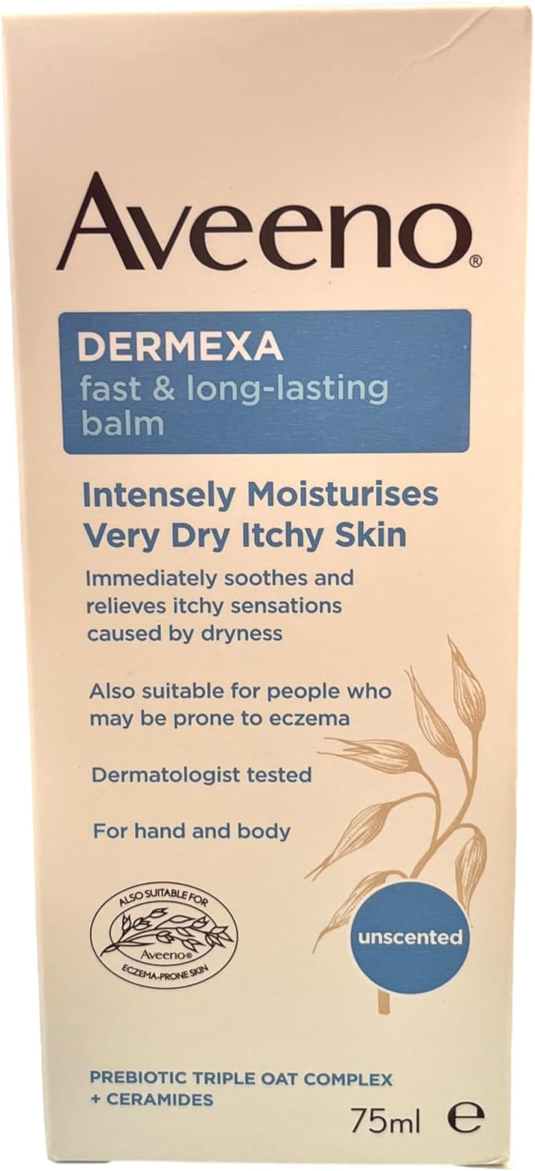 Aveeno Dermexa Fast and Long-Lasting Balm with Pre-Biotic Triple Oat Complex and Ceramides, Unscented, Suitable for Very Dry and Itchy Skin, Intensively Moisturizes, 75ml
