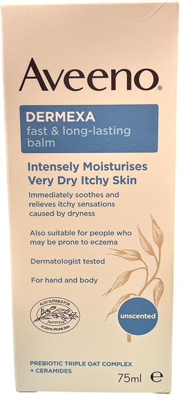 Aveeno Dermexa Fast and Long Lasting Balm, Intensely Moisturises and Soothes, For Very Dry Itchy Also Eczema Prone Skin, 75 ml (Pack of 1)