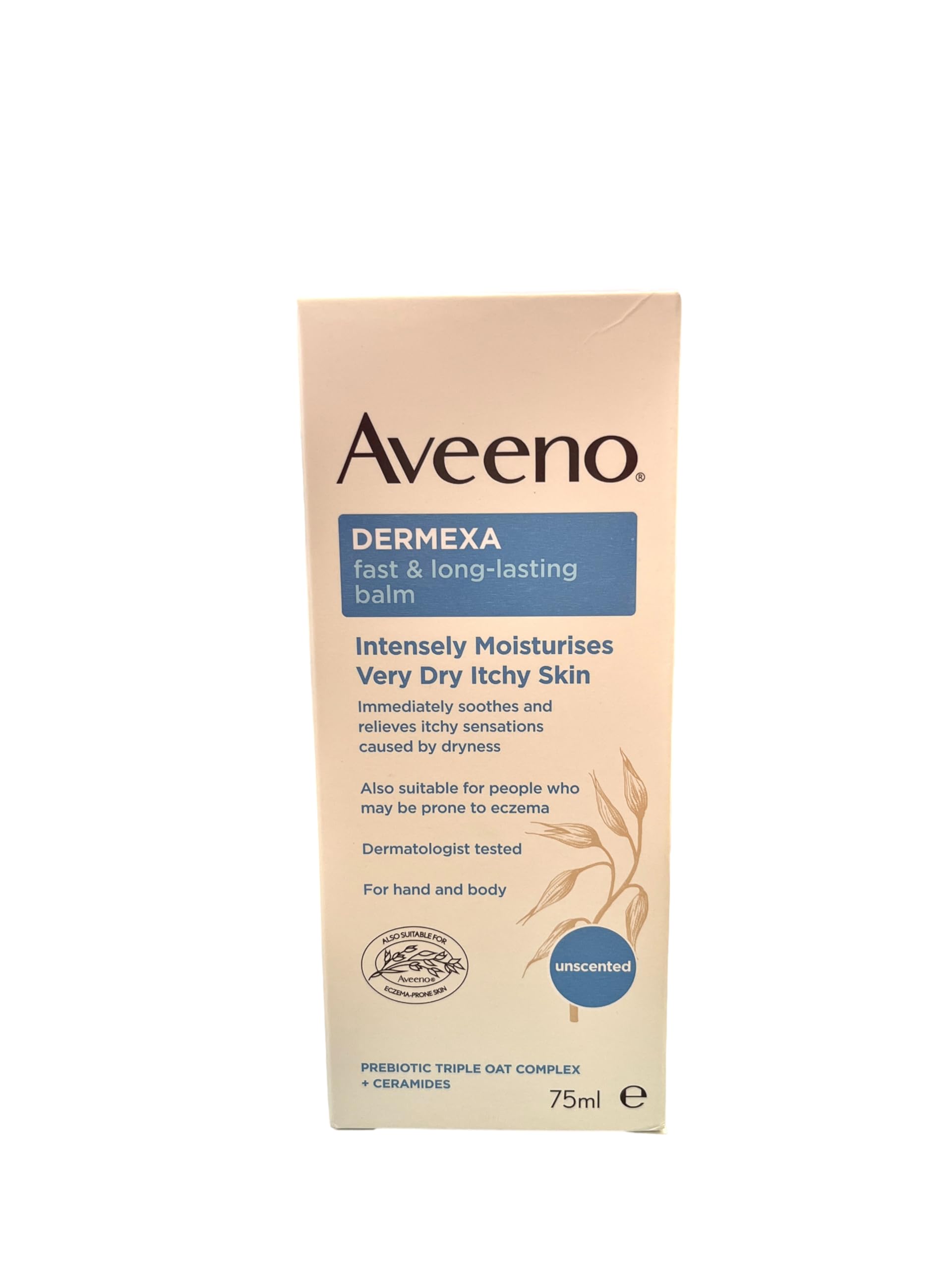 Dermexa Fast and Long-Lasting Balm with Pre-Biotic Triple Oat Complex and Ceramides, Unscented, Suitable for Very Dry and Itchy Skin, Intensively Moisturizes, 75ml