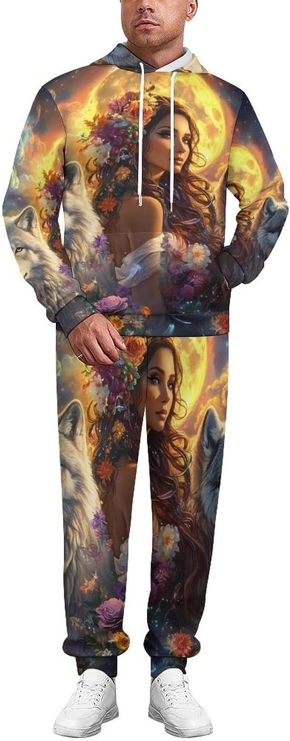 Woman With Wolf Adult 2 Piece Tracksuits Hoodie Sweatshirt And Joggers Sweatpants Sweat Suit Outfits