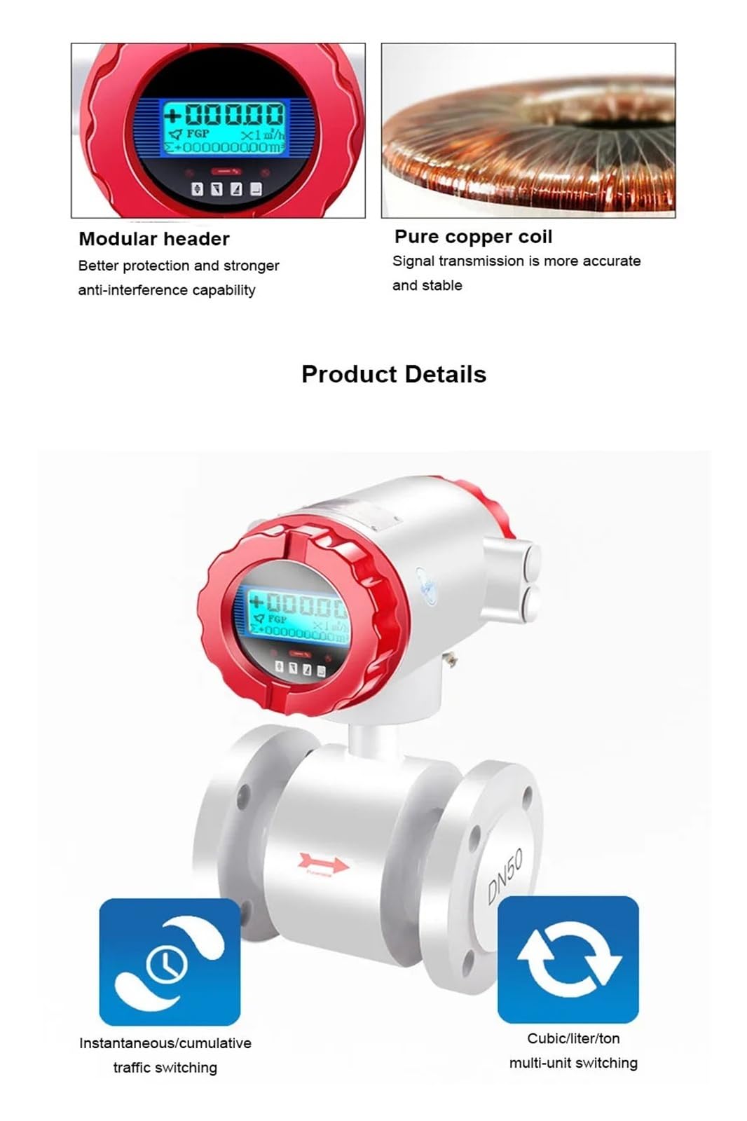 Caudalímetro electromagnético inteligente con pantalla digital, sensor de caudal for tuberías de agua líquida y aguas residuales DN10-100 Medición y respuesta rápidas(DN100)