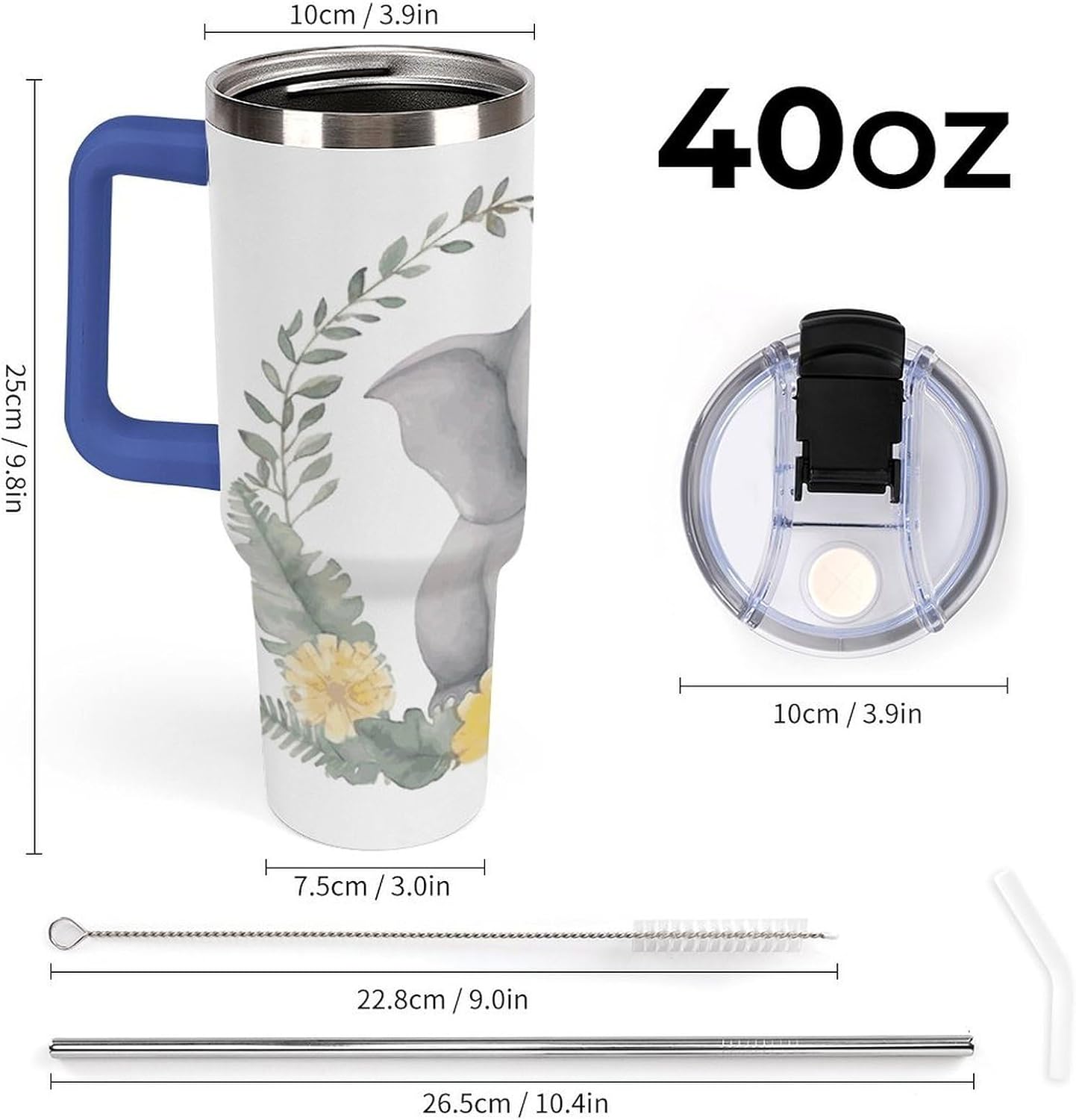 40 Oz Insulated Mug with Handle, Stainless Steel Cute Elephant with Wreath And Little Duck Printed Travel Mug Portable Leak-proof Large Car Mug for Home, Office Or Car