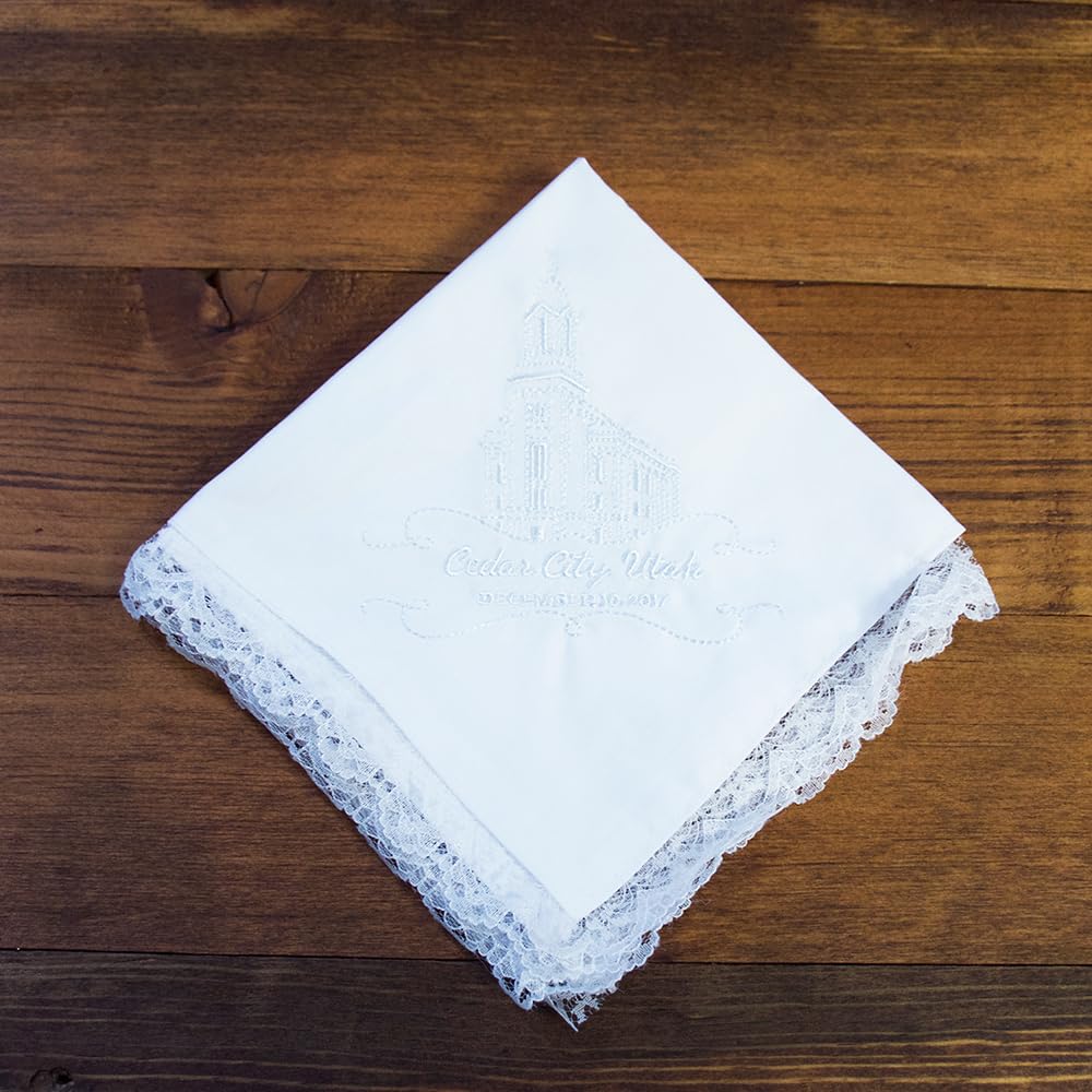 White Handkerchief by Ringmasters | Soft Handkerchief with LDS Temple Embroidery | White Handkerchief for Men or Women | Cotton Handkerchief with Lace Border, (Cedar City Utah)