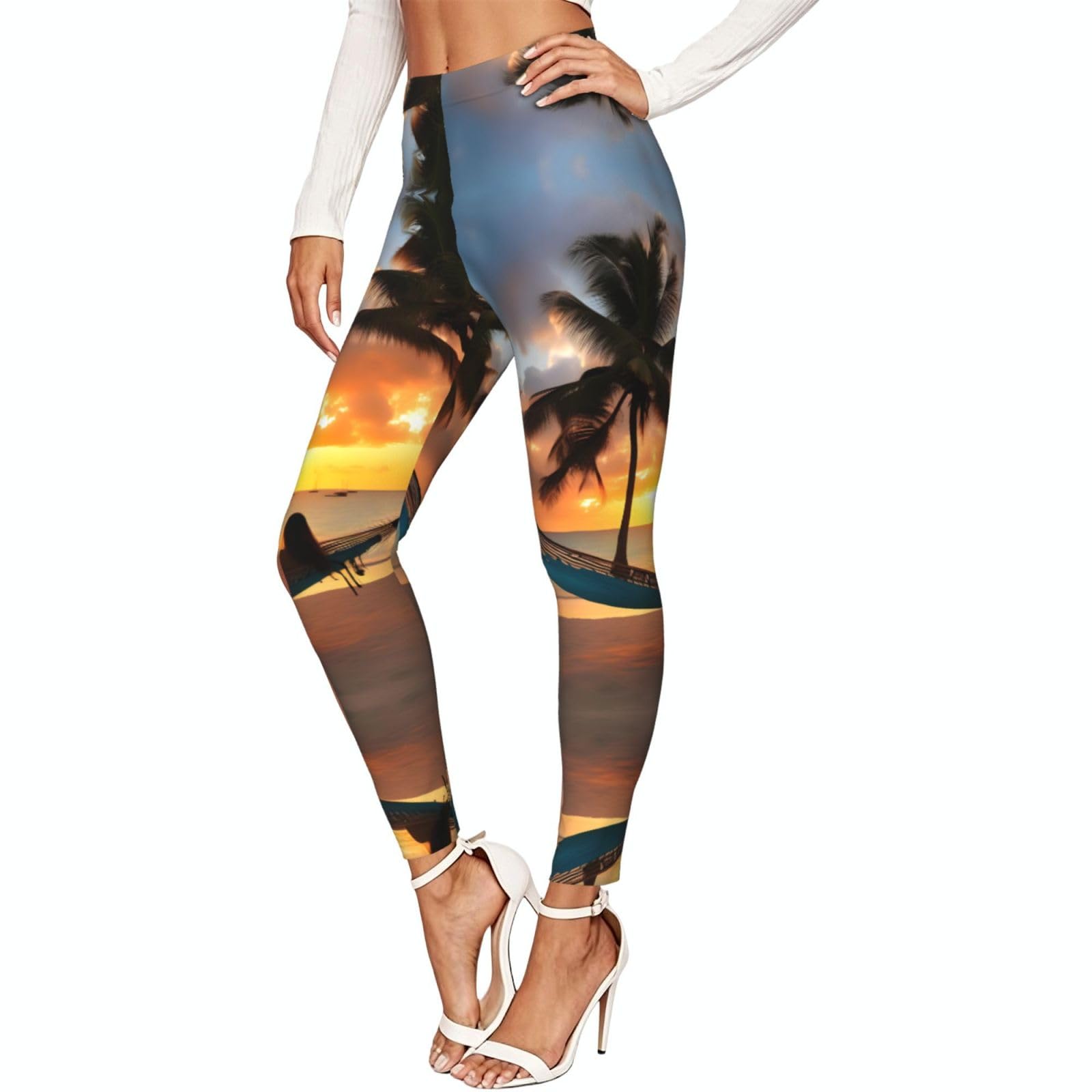 Leggings de compresión suave transpirables con diseño de atardecer tropical y playa de cocoteros 7