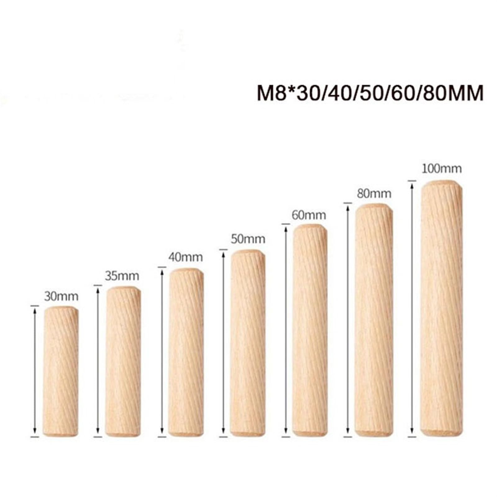 Holzdübel Massiv Hart, M8 * 30/40/50/60/80mm 50 stücke Schrank Schublade Runde Geriffelte Holz Handwerk Dübel Pins Stangen Set Möbel Beschlag(M8x60mm 50Pcs)