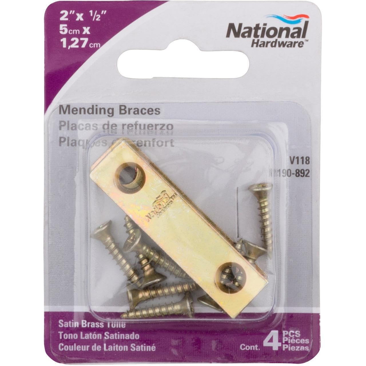 NATIONAL MFG/SPECTRUM BRANDS HHI N190-892 Mending Plate with Screws (4 Pack), 2" x 1/2", Bright Brass Finish