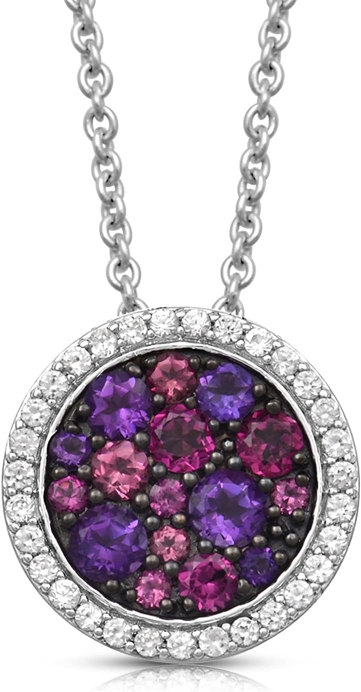 Jewelili Sterling Silver Round Pink Toumaline,Garnet and Amethyst Color Stones framed with Round Created White Sapphire Halo Pendant Necklace 18" Rolo Chain