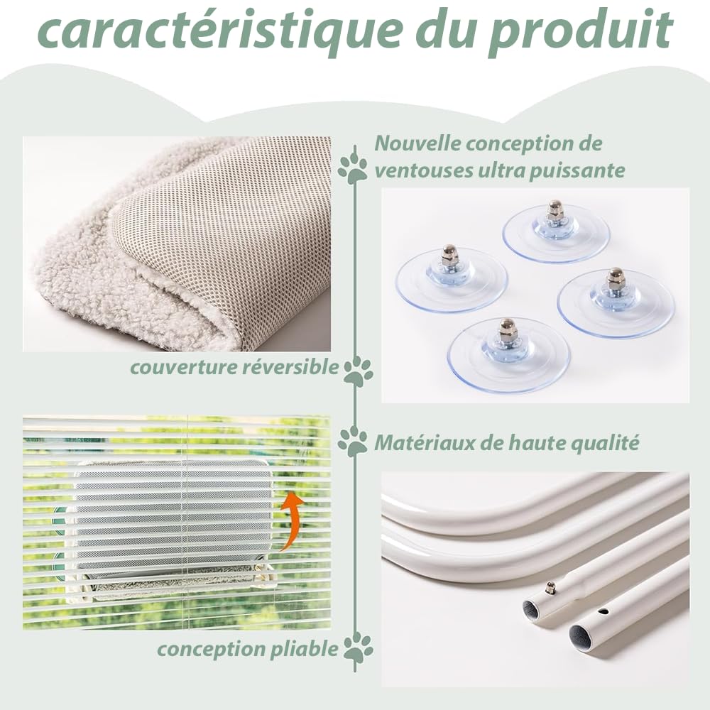 Hamac Chat Fenetre Pliable | Lit pour Chat avec Ventouses Renforcées | Tapis Réversible et Lavable Jusqu'à 18kg | Offert 3 Jouets + 2 ventouses de rechanges (Gris fenetre)