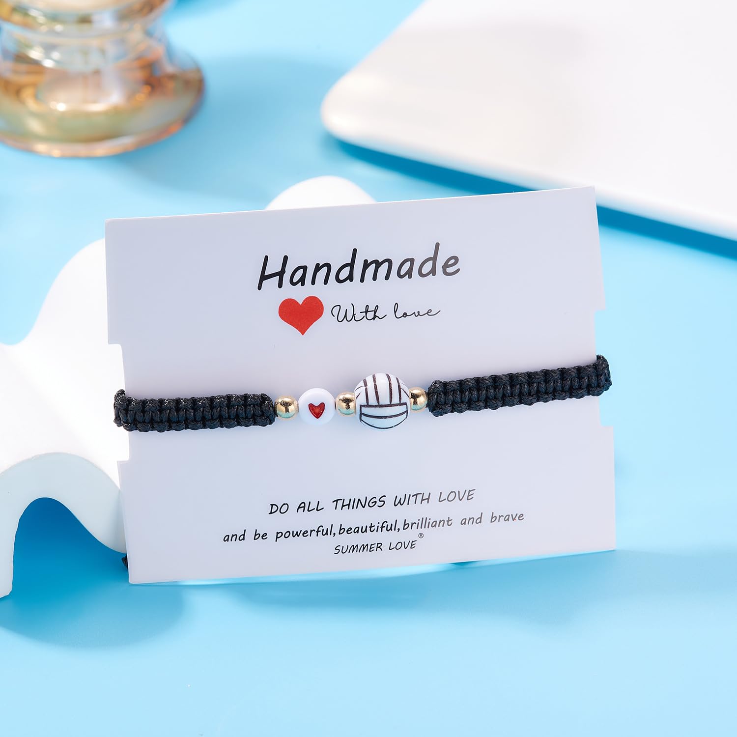 Dainty Adjustable Unisex Soccer Football Rugby Baseball Braided Sports Bracelets With Card Handmade Beaded Ball Charm Bracelets for Women Men Sports Team Party Favors Jewelry Gifts-D volleyball