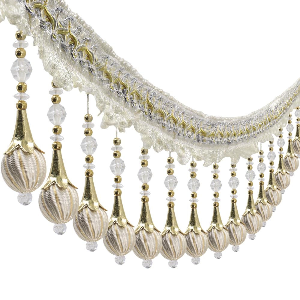3yards Beaded Fringe Tassel Trim for Curtains, Lampshades, Upholstery, and Sewing Embellishment - Decorative Fabric Drapery Trimming (Beige)