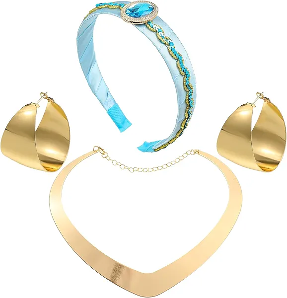 KURTCB Arabian Princess Costume Accesories,1 Headband 1 Gold Chunky Choker Necklace 2 Statement Earrings,Halloween Arab Princess Cosplay Jewelry Set for Women Jasmine