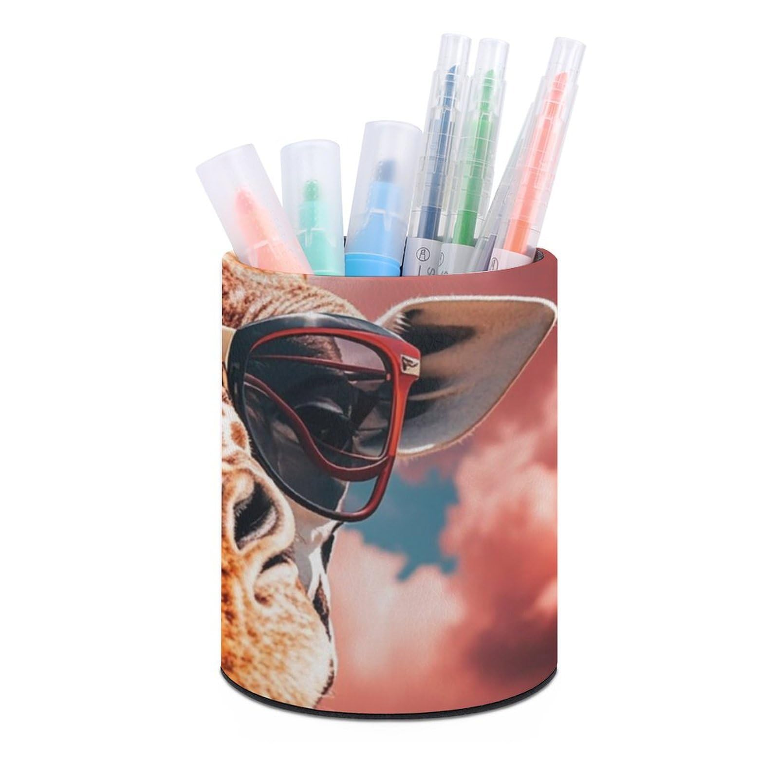 FekiLoot PU Leather Round Pen Holder Giraffe Wearing Sunglasses Pencil Holder Desk Organizer Pen Organizer Pen Cup Pencil Cup Caddy Desktop Stationery Organizers for Office Home Supplies