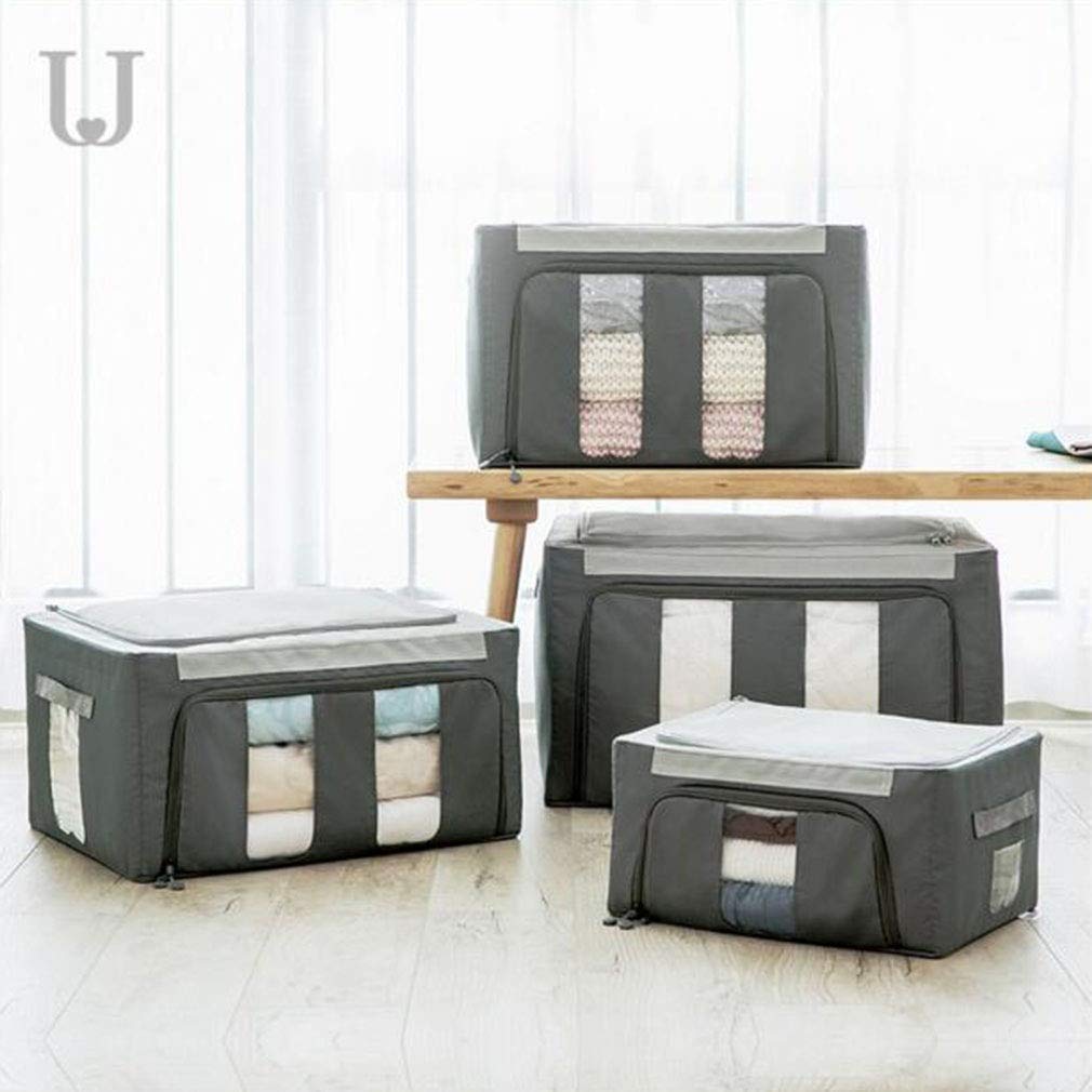 MU Grande boîte de rangement pliable, boîte de rangement en tissu Oxford, fenêtre transparente, support de cadre en acier,gris,M + M