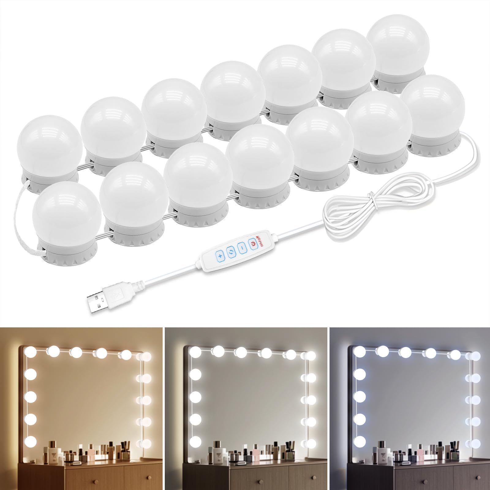 LED-Schminkspiegelleuchten mit 14 dimmbaren Leuchtmitteln, 3000 K, 4500 K, 6500 K und 10 Helligkeitsstufen verstellbar, USB-Kabel, Hollywood-Stil, zum Aufkleben, Spiegelleuchten für Make-up