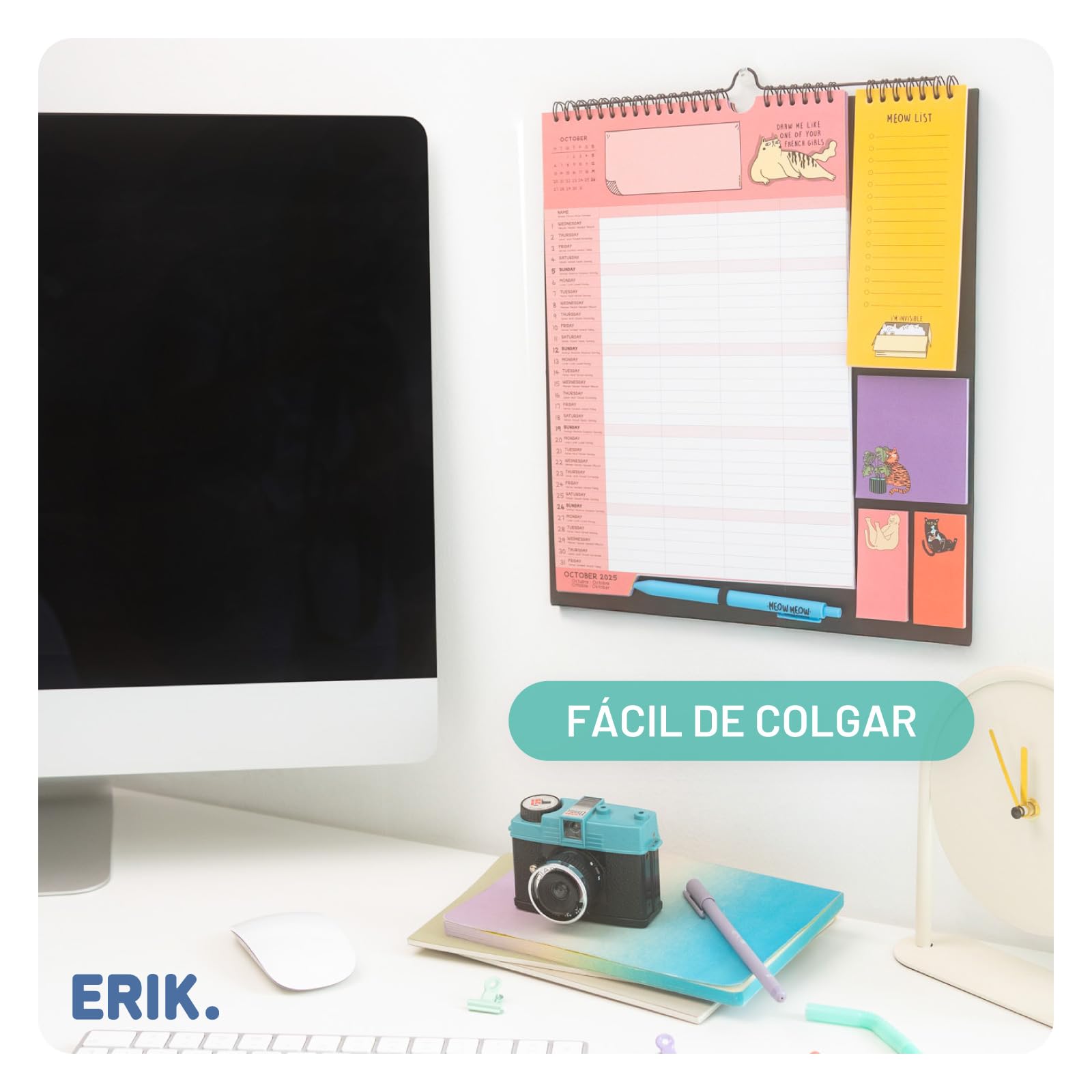 Calendario Familiar 2026 Meow Meow - Calendario 2026 pared : Planificador mensual | Incluye Pegatinas, Notas Adhesivas y Cuelga Fácil [16 MESES]