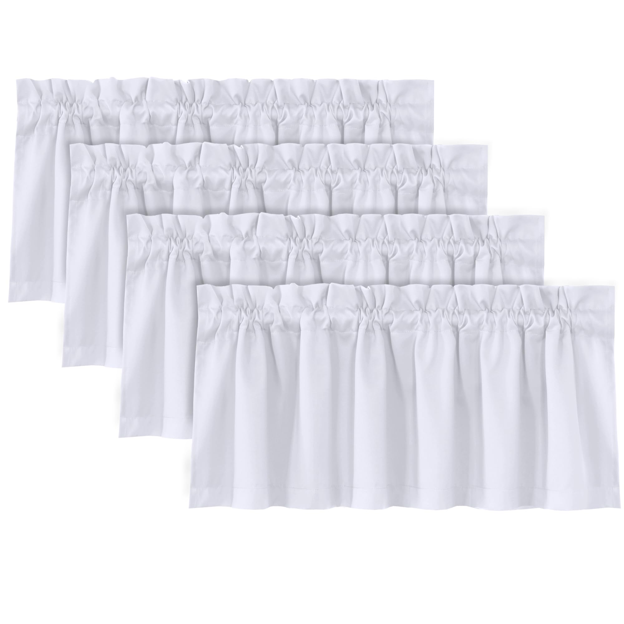H.VERSAILTEX 100% Blackout White Valances for Windows, 4 Pack, Small Window Curtains for Living Room Bathroom Cafe Laundry Basement, Modern Top Dual