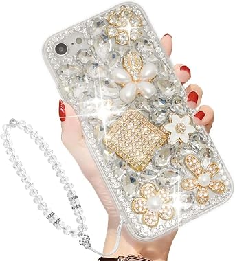 for iPhone 17e/iPhone 16e Glitter Bling Case with Wrist Strap, Sparkly Crystal Rhinestone for Women Girls Luxury Glitter and Flower Gemstone Soft TPU Back Cover for iPhone 17e/16e