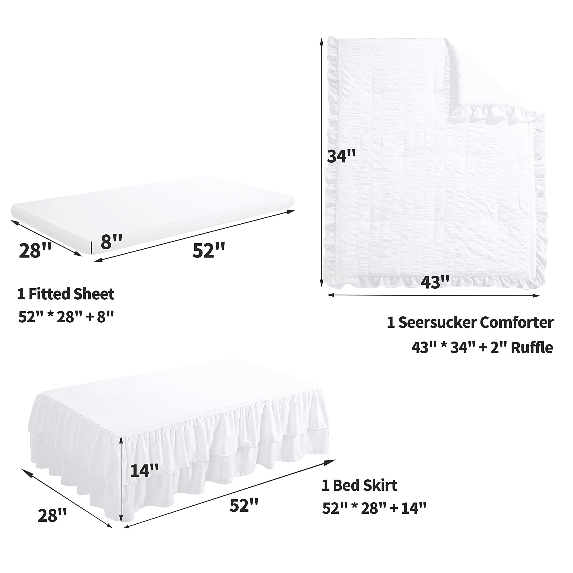 BALAPET Seersucker - Juego de ropa de cama de princesa blanca para bebé, 3 piezas, ultra suave, juego de edredón plisado con volantes y falda de cuna y sábana bajera para todas las estaciones