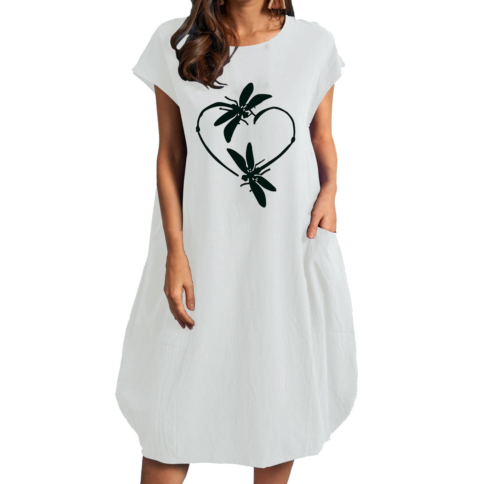 Women's Fashion Summer Dresses for Women O-Neck Pocket Print Short Sleeved Dress