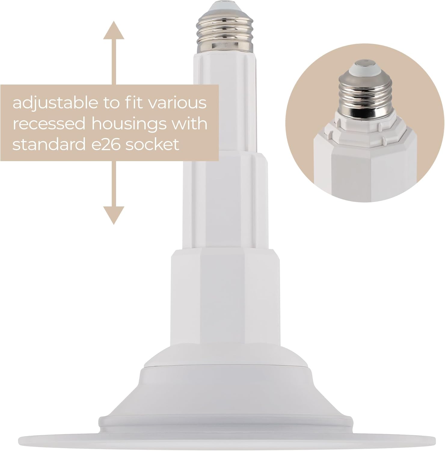 Just Screw Me in 6in LED Recessed Retrofit Light for E26 or Medium Base 4, 5, or 6 Inch Recessed Cans with Telescoping Neck and 5-CCT 2700-3000-3500-4000-5000K in White (Pack of 4)