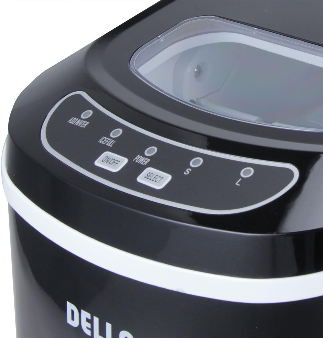 Close-up of the control panel on the Della Portable Ice Maker, showing 'ADD WATER', 'ICE FULL', 'ON/OFF', 'POWER', 'SELECT', and 'S' and 'L' indicators.